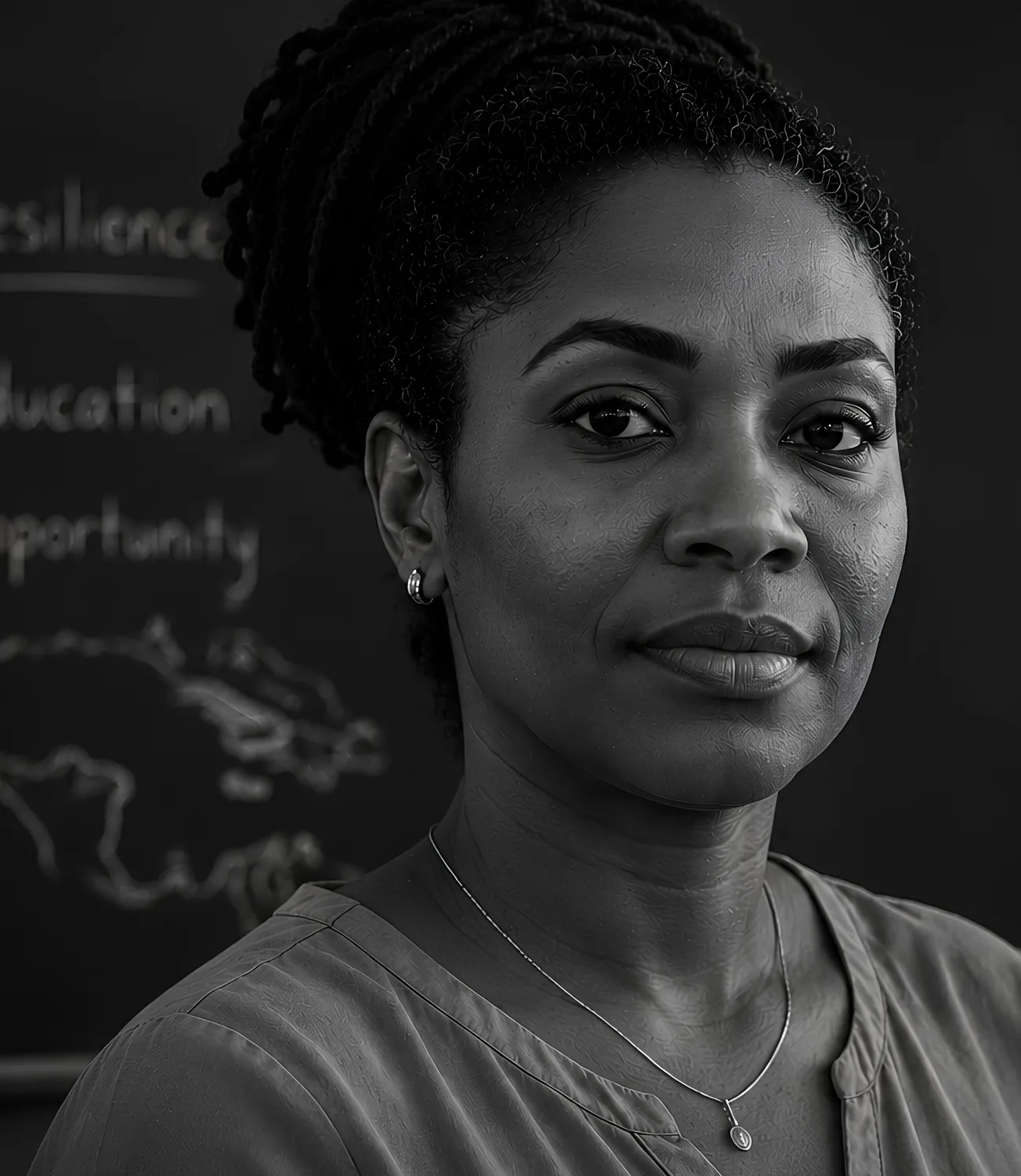 A teacher standing before a chalkboard reading resilience, education, opportunity