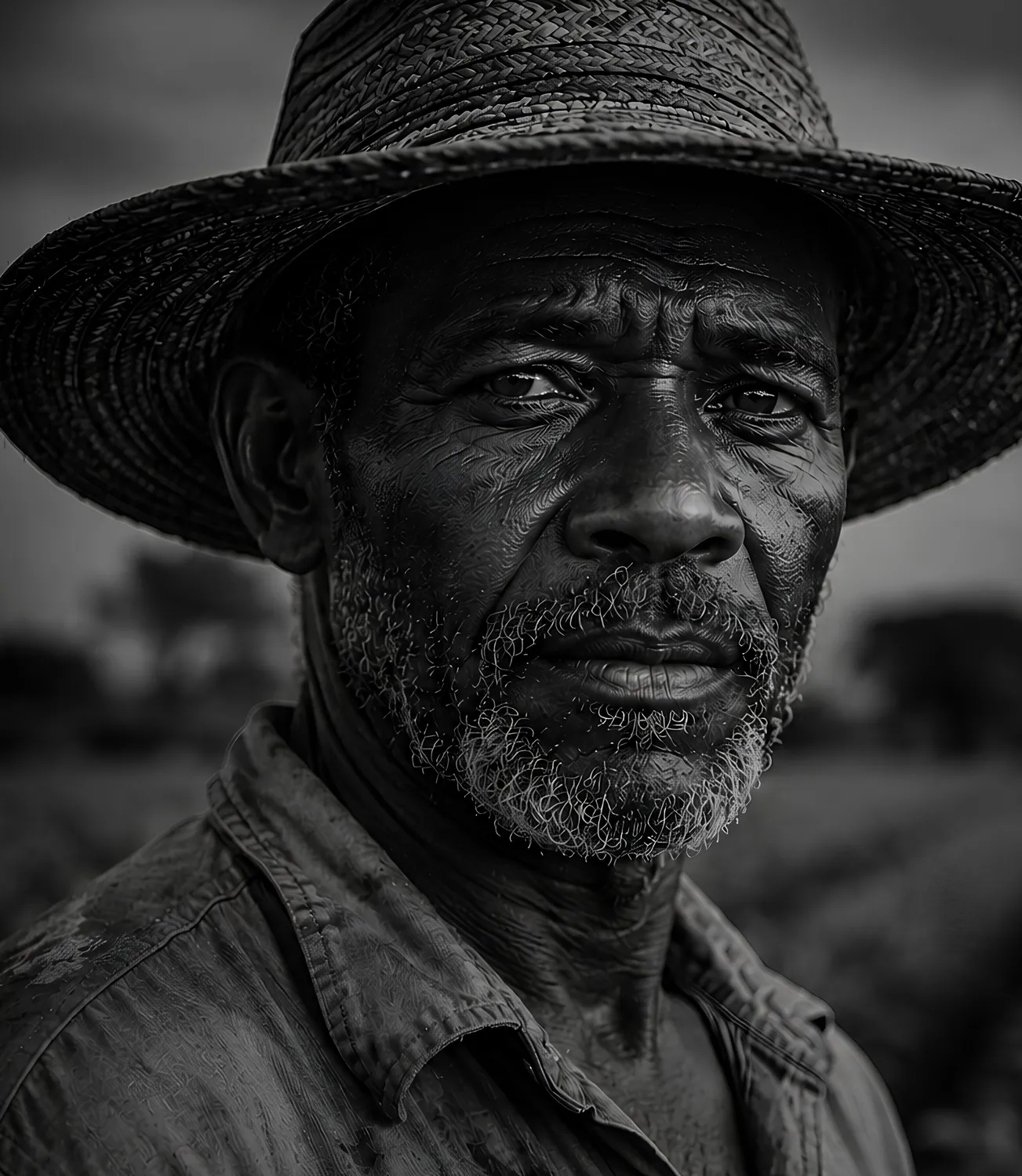 A farmer in a straw hat standing in his field under heavy clouds