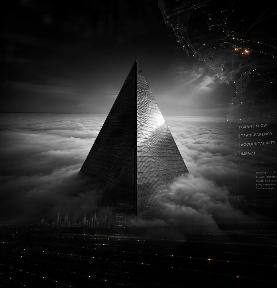 A monolithic structure rising above the clouds, symbolizing new systems for development capital